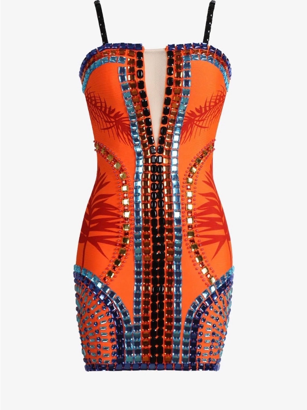 Embellished Orange Beaded Mini Dress